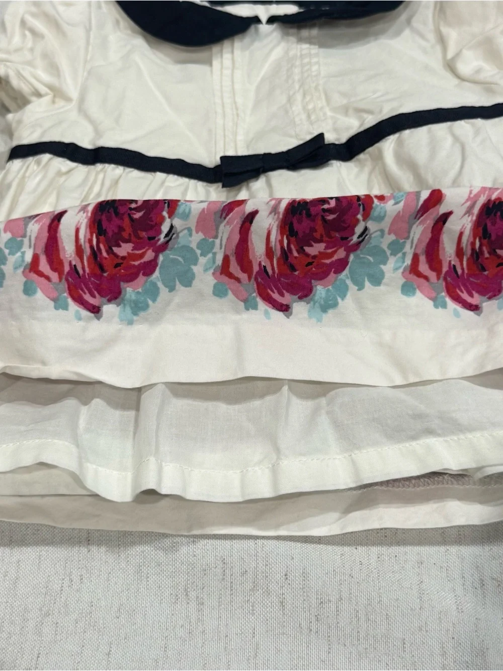 Janie and Jack Cream Dress Navy Collar and Pink Floral Border 12-18m 100% Cotton
